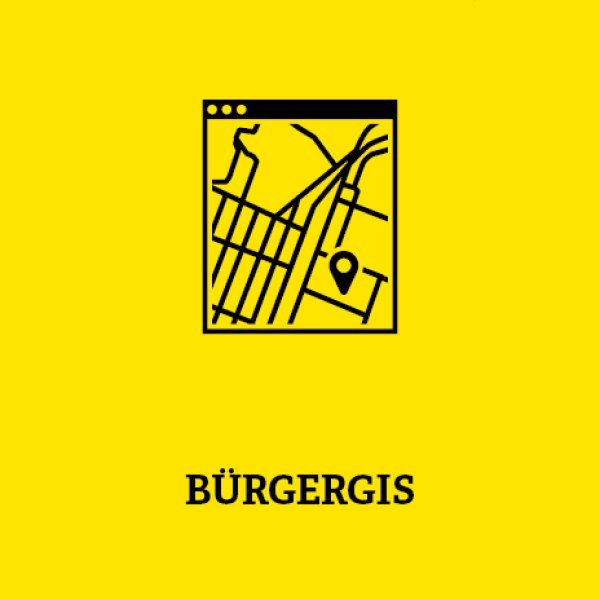 Gelbe Kachel mit einer Karte in der Mitte und unten der Aufschrift Bürgergis 
