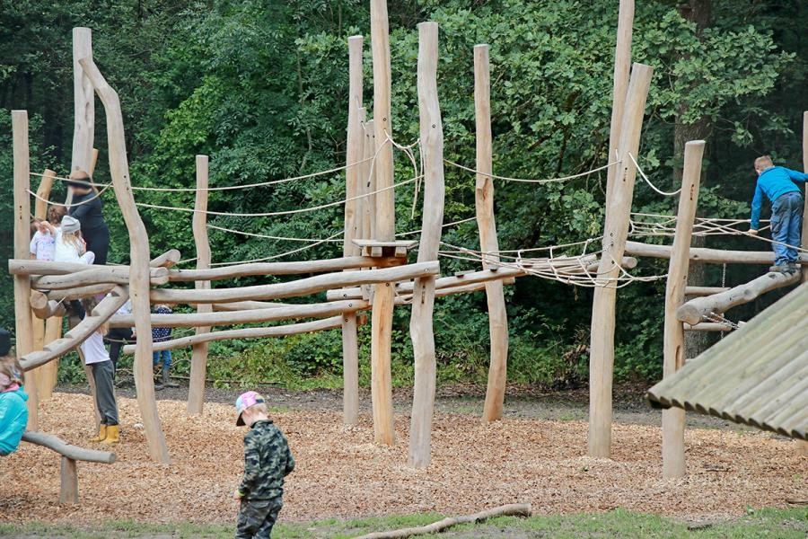 Kinder auf einem Spielplatz mit großem Klettergerüst aus Holz
