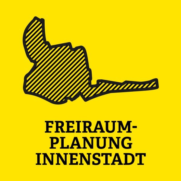 gelbe Kachel mit dargestelltem Feld in der Mitte und der Aufschrift Freiraumplanung Innenstadt