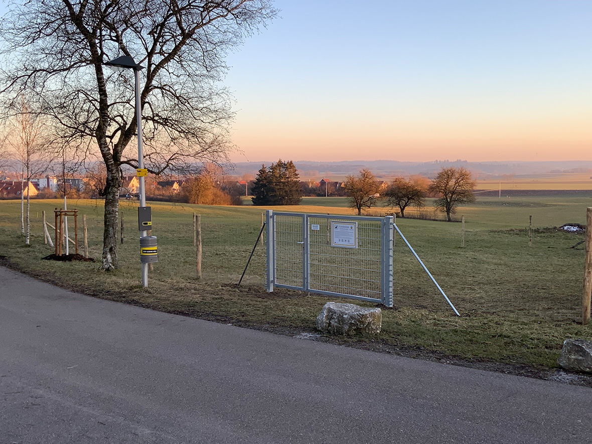 Eine große Grünfläche hinter einem Maschendrahtzaun