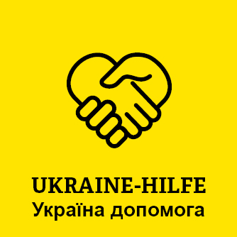 Gelbe Kachel mit Aufschrift "Ukraine-Hilfe"