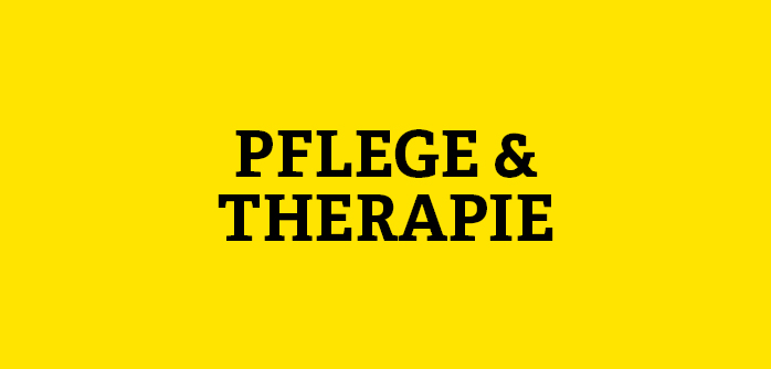 Gelbe Kachel mit Aufschrift Pflege und Therapie