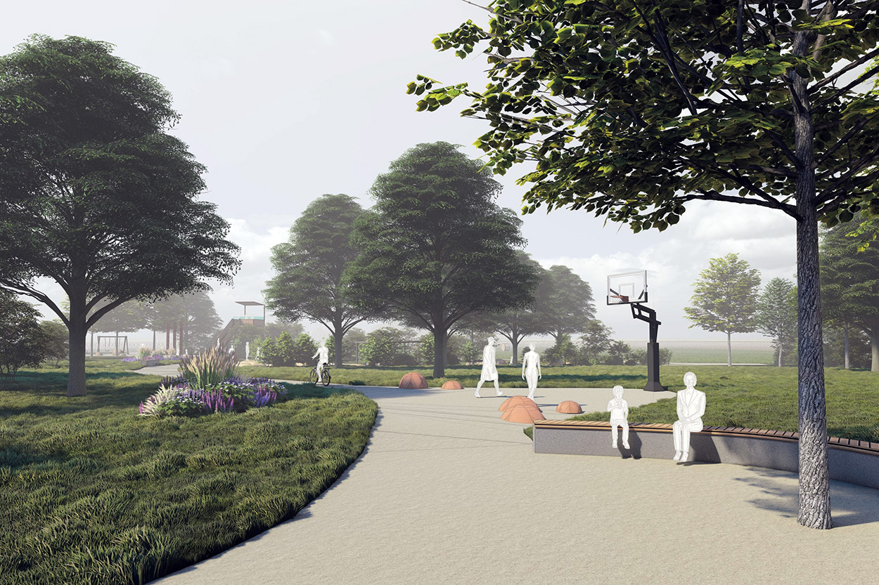 EIne Grafik eines Parks mit gesichtslosen Figuren