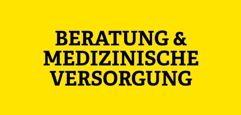 Gelbe Kachel mit Aufschrift Beratung und Medizinische Versorgung
